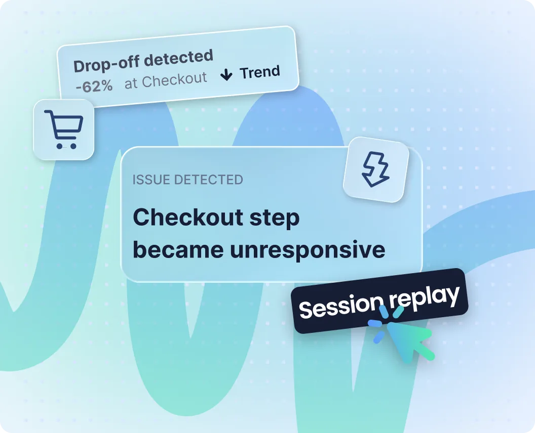 Drop-off detected at checkout, -62%, with the issue "Checkout step became unresponsive" and a session replay link