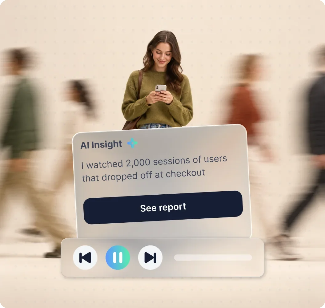 UXCam AI Insight card over a session replay: "I watched 2,000 sessions of users that dropped off at checkout"